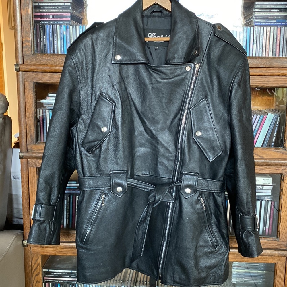 Black LEARSI Leather Jacket with Tie-Belt Size Medium